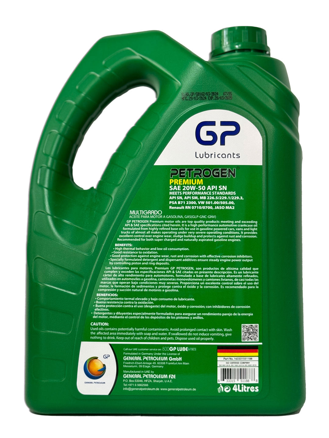 General Petroleum PETROGEN PREMIUM 20W50 API SN Aceite para Auto y Camioneta