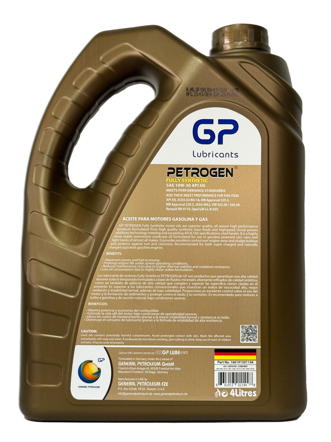 General Petroleum PETROGEN SAE 10W30 API SN Aceite 100% Sintetico de 4 litros para Auto y Camioneta