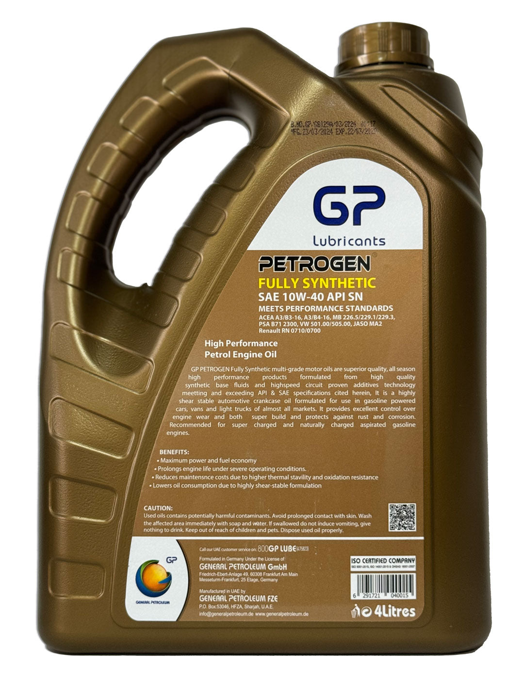 General Petroleum PETROGEN SAE 10W40 API SN Aceite 100% Sintetico de 4 litros para Auto y Camioneta